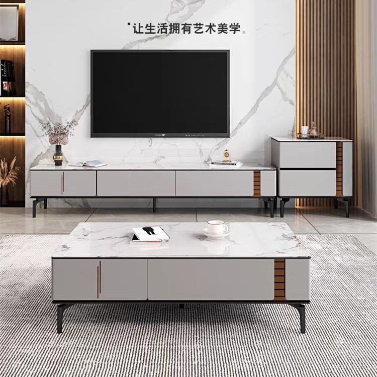 现代简约小户意式型家用客厅亮光岩板长方形茶几电视柜地柜组合