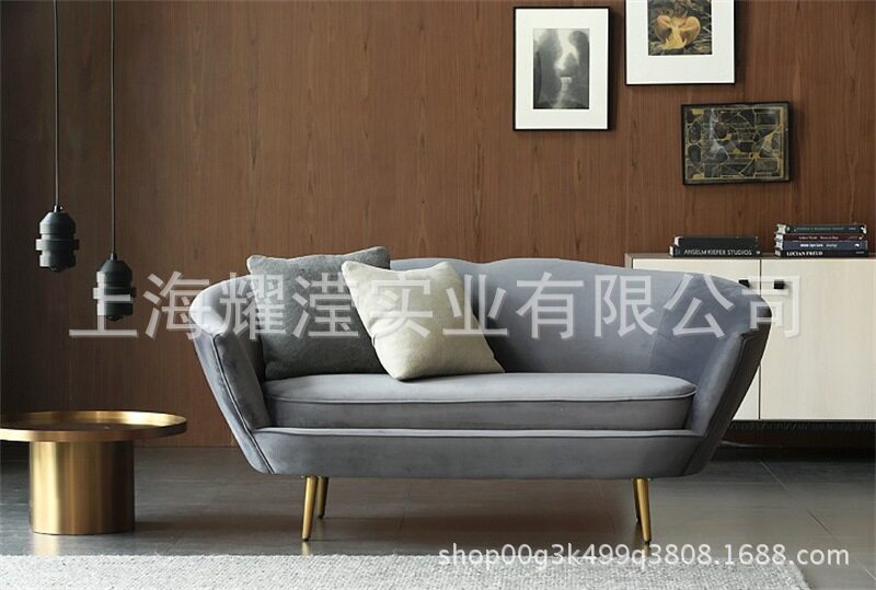 北欧现代不锈钢绒布三人沙发订置家具可拆洗咖啡厅休闲弧形沙发