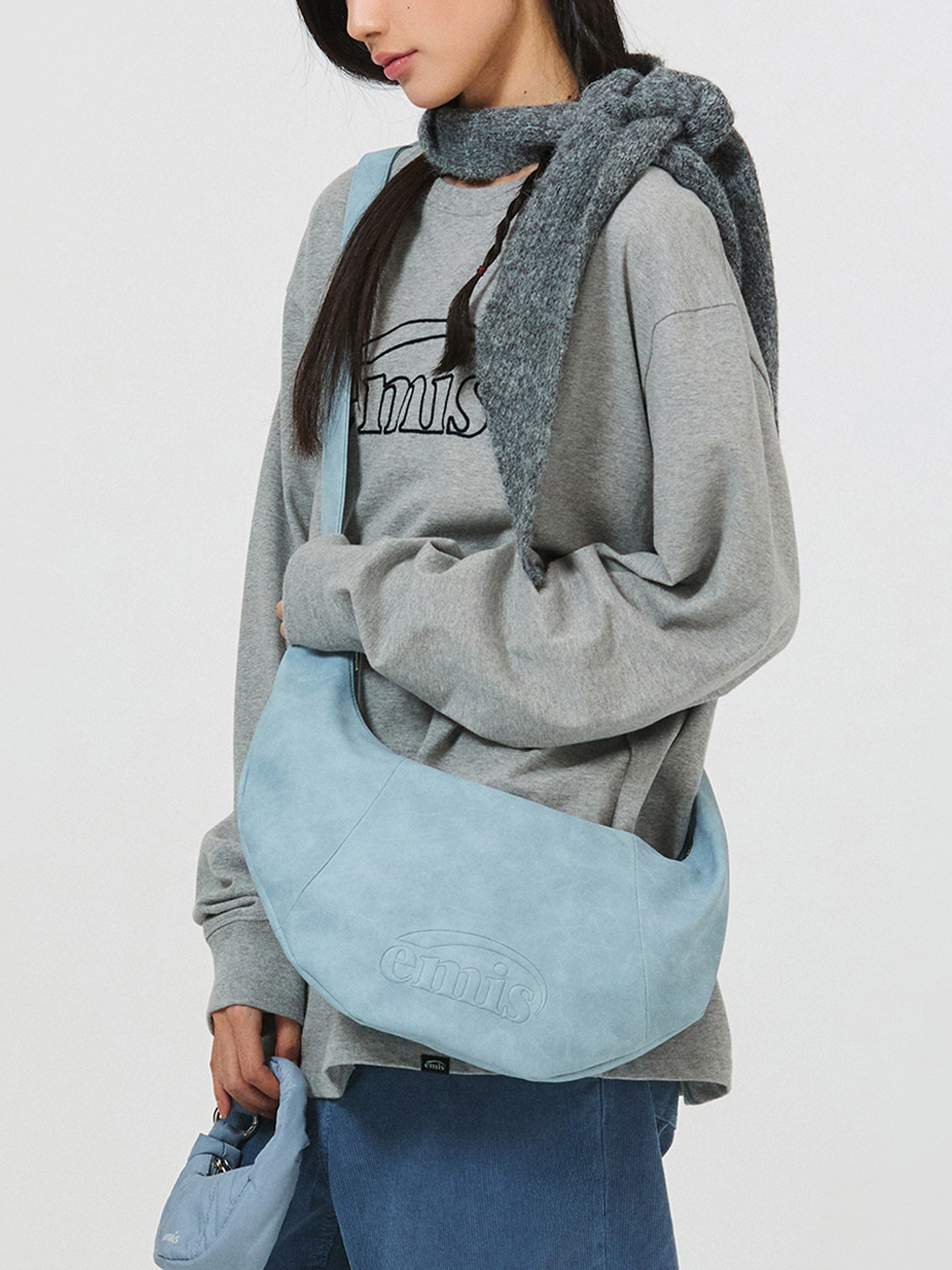 Emis Women's Embossed Logo Half-Moon Bag - Light Blue Handbag, Shoulder Bag, Niche Luxury Underarm Bag - Thumbnail 5