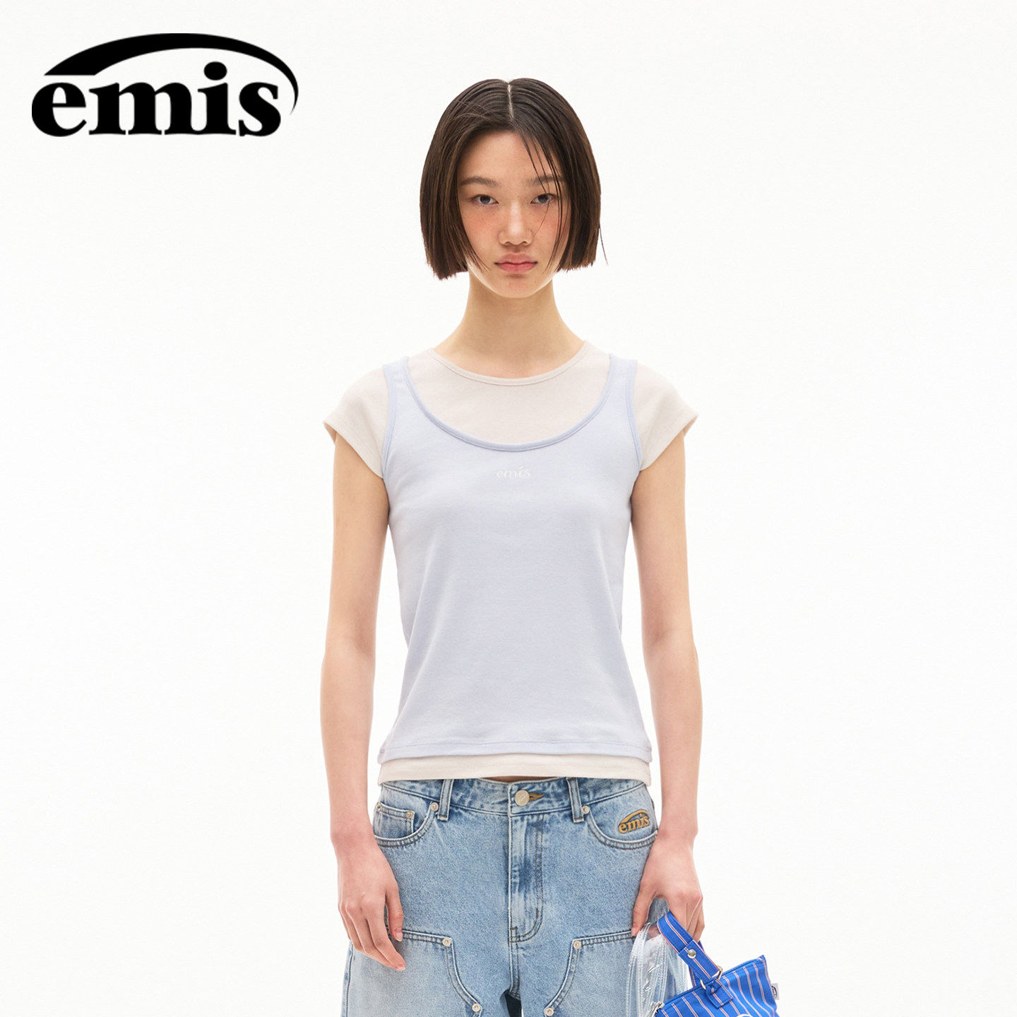 【韩国直邮】emis假两件叠穿T恤图片