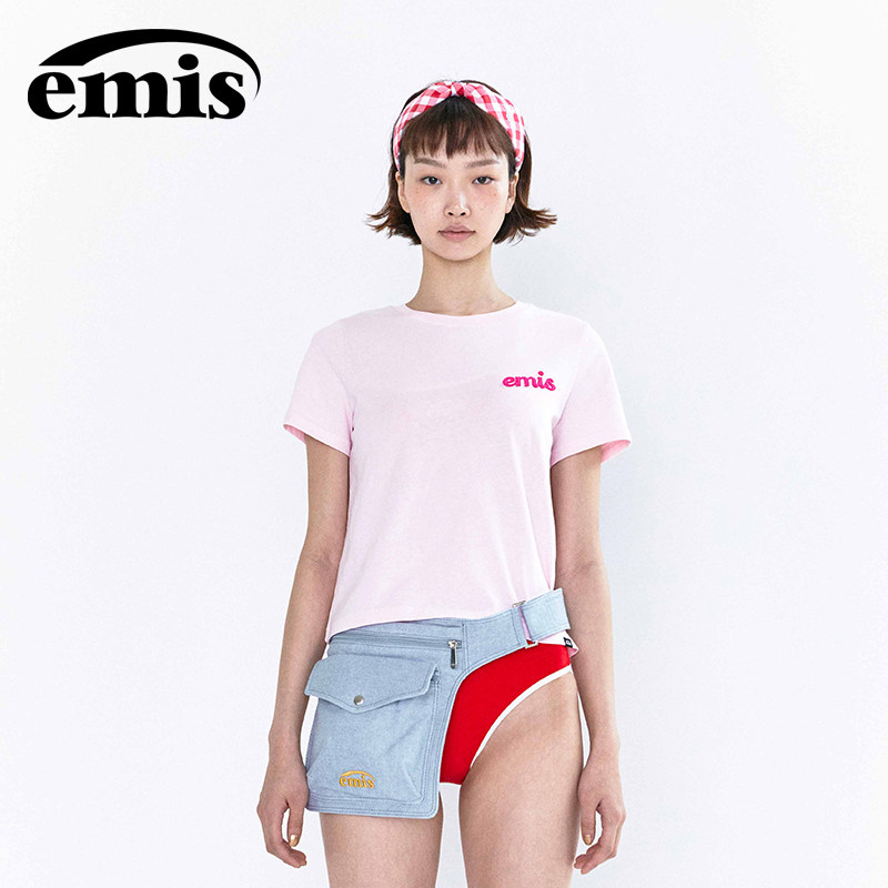 emis短袖女字母贴布绣t恤粉色正肩上衣韩系设计感纯棉打底内搭图片