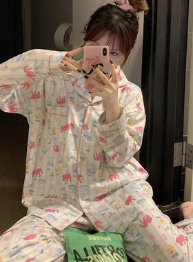 新品大码日系卡通印花长袖长裤睡衣套装女秋季20Q25新款甜美家居