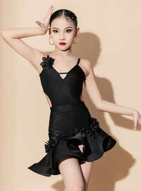 少儿拉丁舞专业训练功无袖吊带女童露背表演出服粉色花边套装裙新