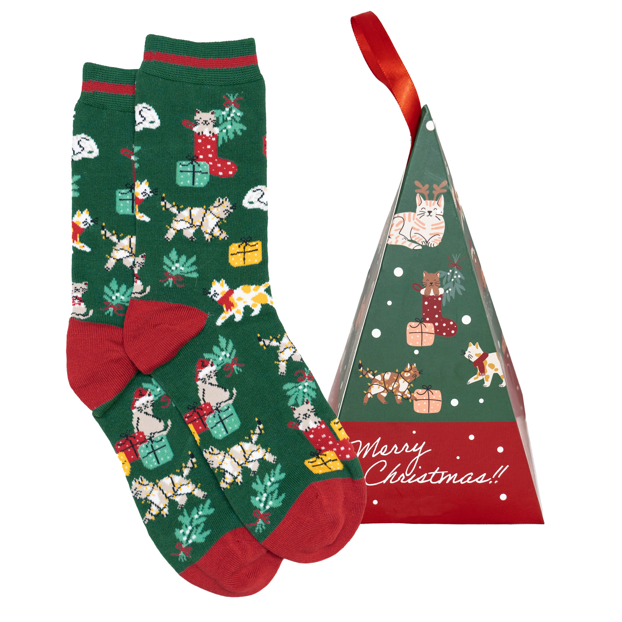 竹袜抗菌防臭MERRY CHRISTMAS猫咪和圣诞节中筒女袜礼盒装THO