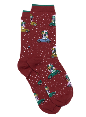 女士有机棉下雪天圣诞节汽车载送礼物无骨对目中筒女袜THO868