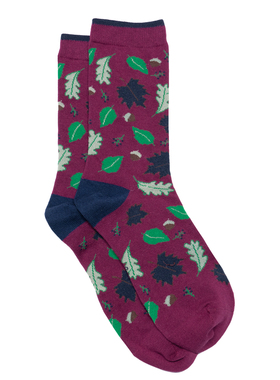 女士竹袜竹纤维抗菌防臭秋天的落叶树叶无骨对目中筒女袜THO871