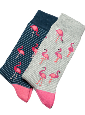 舒适竹纤维抗菌防臭条纹火烈鸟Flamingo图案中筒男袜2色BA096