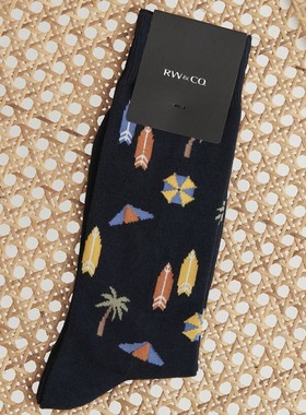 舒适棉质SURF阳光沙滩椰林冲浪海滩度假主题中筒绅士男袜RW048