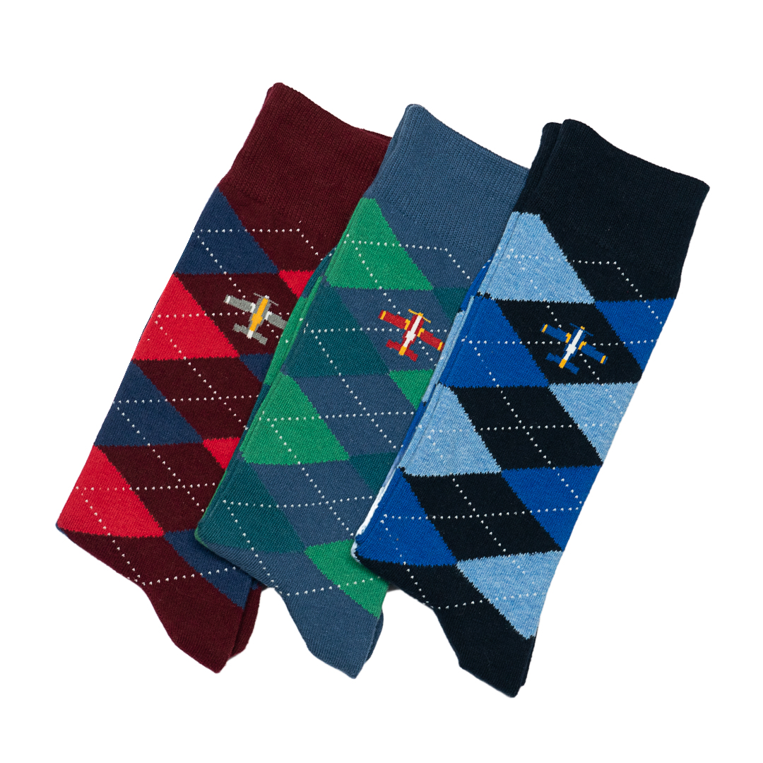 舒适棉质菱格螺旋桨飞机Airplanes图案中筒绅士男袜3色BR032