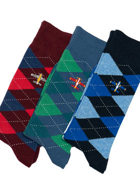 舒适棉质菱格螺旋桨飞机Airplanes图案中筒绅士男袜3色BR032