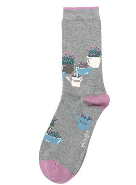 舒适竹纤维抗菌防臭花草绿植薰衣草图案无骨对目中筒女袜THO284