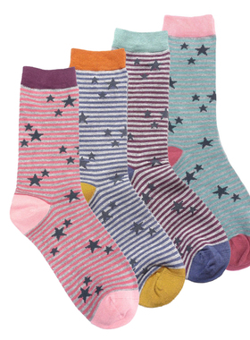 竹袜竹纤维抗菌防臭透气星光闪耀条纹星星无骨对目女袜4色THO110