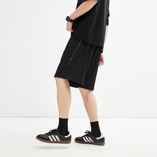 太平鸟男装休闲裤24夏新款半松紧腰中短裤潮牌男士黑色中裤运动裤