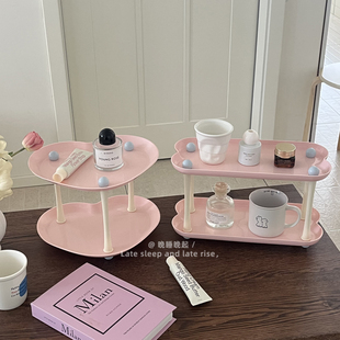 韩系奶油色双层置物架桌面收纳架高颜值化妆品整理架钥匙收纳摆件
