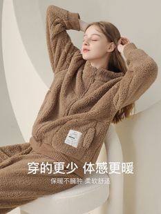 外穿 加厚加绒珊瑚绒法兰绒半边绒家居服套装 猫人新款 女睡衣秋冬季