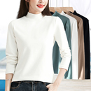 秋冬季精梳棉加厚磨毛中半高领打底衫女内搭白色长袖t恤上衣秋衣
