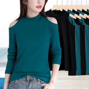 外穿2024年新款 孔雀蓝半高领长袖 漏肩膀春季 弹力打底衫 t恤女修身