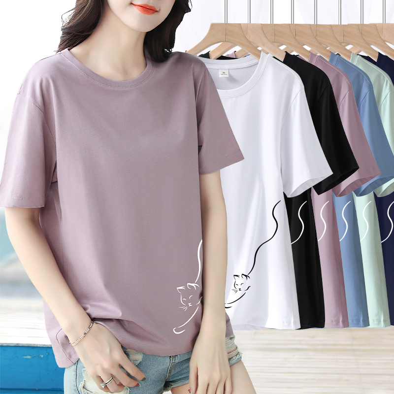 纯棉宽松休闲短袖圆领印花上衣女