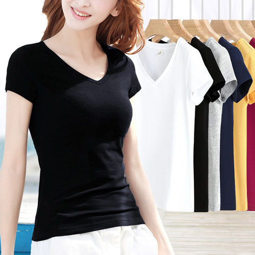 纯色V领大码内搭女装短袖t恤女夏