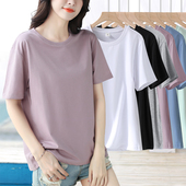 纯色短袖 遮肚小圆领体恤 女装 t恤女宽松简约百搭纯棉半袖 胖mm大码