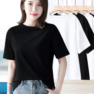 百搭纯色遮肉半袖 夏季 体恤 t恤女款 黑色下摆两侧开叉棉质宽松短袖