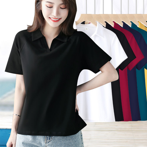 纯棉黑色宽松无扣翻领短袖t恤女
