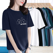 藏蓝色纯棉短袖 女宽松显瘦字母卡通印花上衣休闲百搭洋气外穿t恤