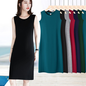 螺纹黑色无袖 背心连衣裙直筒款 长裙圆领遮副乳外穿宽肩带打底裙