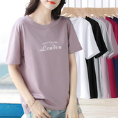 体恤衫 浅紫色字母印花圆领短袖 t恤女夏纯棉宽松休闲百搭上衣半袖
