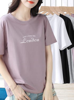 浅紫色字母印花圆领短袖t恤女夏棉质宽松休闲百搭上衣半袖体恤衫