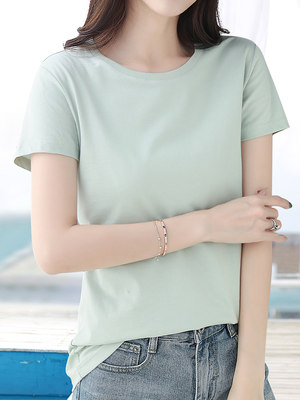 浅绿色短袖t恤女常规修身纯棉2024年新款大码圆领夏季小清新体桖