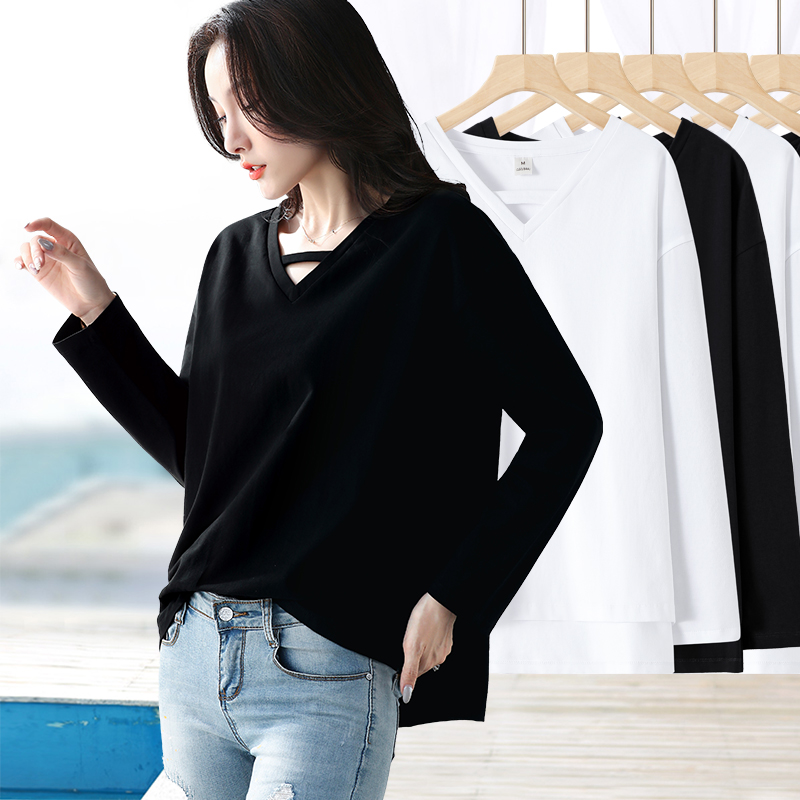 纯棉中长款长袖t恤不规则打底衫