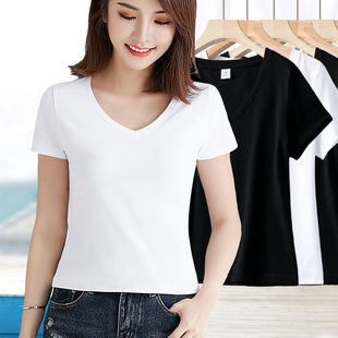 卡腰小衫 t恤女夏季 短款 适合小个子 白色纯棉v领体恤黑色短袖 上衣