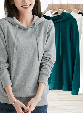 灰色修身内搭有连带戴帽子卫衣女套头常规基础款中年妈妈打底衫薄