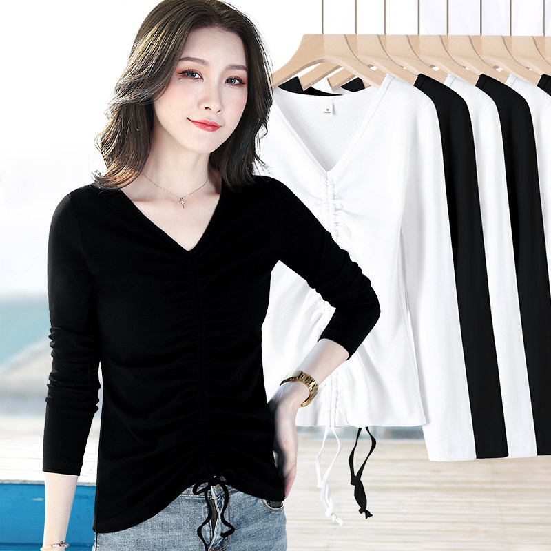 罗纹抽拉绳修身v领长袖t恤打底衫
