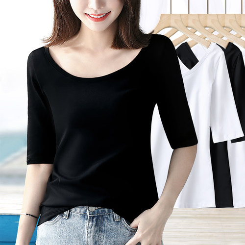 黑色大圆领五分袖低领棉质t恤女