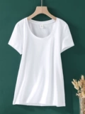 Белая хлопковая приятная телу черная футболка, короткий рукав, круглый воротник, облегающий крой