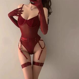 2025新款性感红色吊带连体衣女带钢圈聚拢小胸显大高级感塑身睡衣