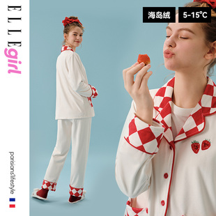 冬加厚保暖少女翻领家居服套装 ELLE girl海岛绒睡衣女红格子秋款