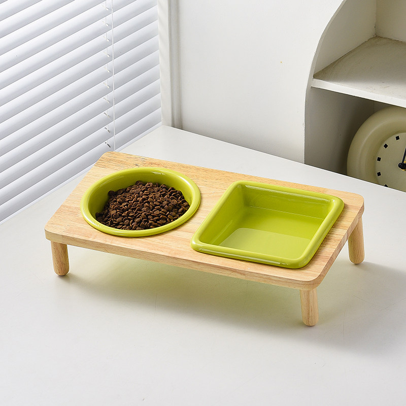 玛特利方圆双碗带橡木碗架家用陶瓷宠物碗猫碗狗碗宠物用品食盆