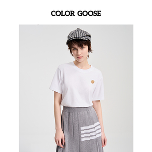 COLOR GOOSE彩鹅 25设计新款小众LOGO纯棉圆领休闲短袖T恤女夏季