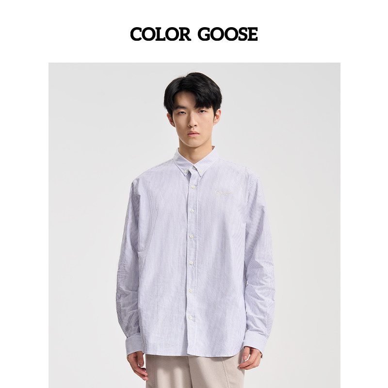 COLOR GOOSE彩鹅 春夏经典条纹棉质休闲百搭长袖衬衫男 男款