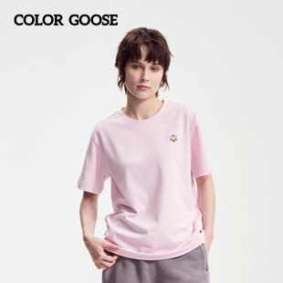 T恤女 24春夏新品 女士圆领休闲纯色百搭粉色短袖 COLOR GOOSE彩鹅