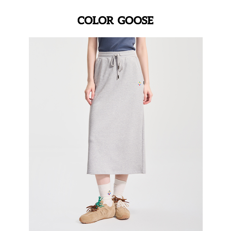 COLOR GOOSE彩鹅 休闲松紧腰抽绳后开叉H型半身裙女春夏 女款