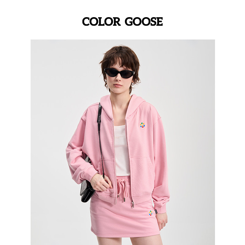 COLOR GOOSE彩鹅 春夏棉质休闲减龄连帽短款卫衣开衫外套女