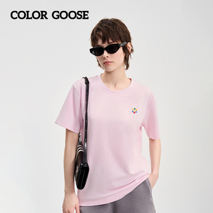 24春夏新品 女士圆领休闲纯色百搭粉色短袖 GOOSE彩鹅 COLOR T恤女