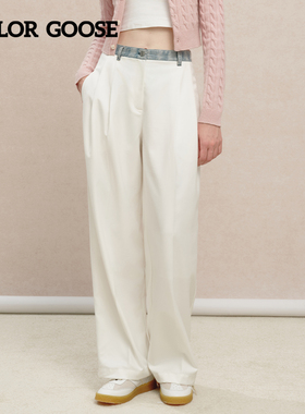 COLOR GOOSE彩鹅  春夏女士高腰显瘦阔腿裤白色休闲宽松长裤
