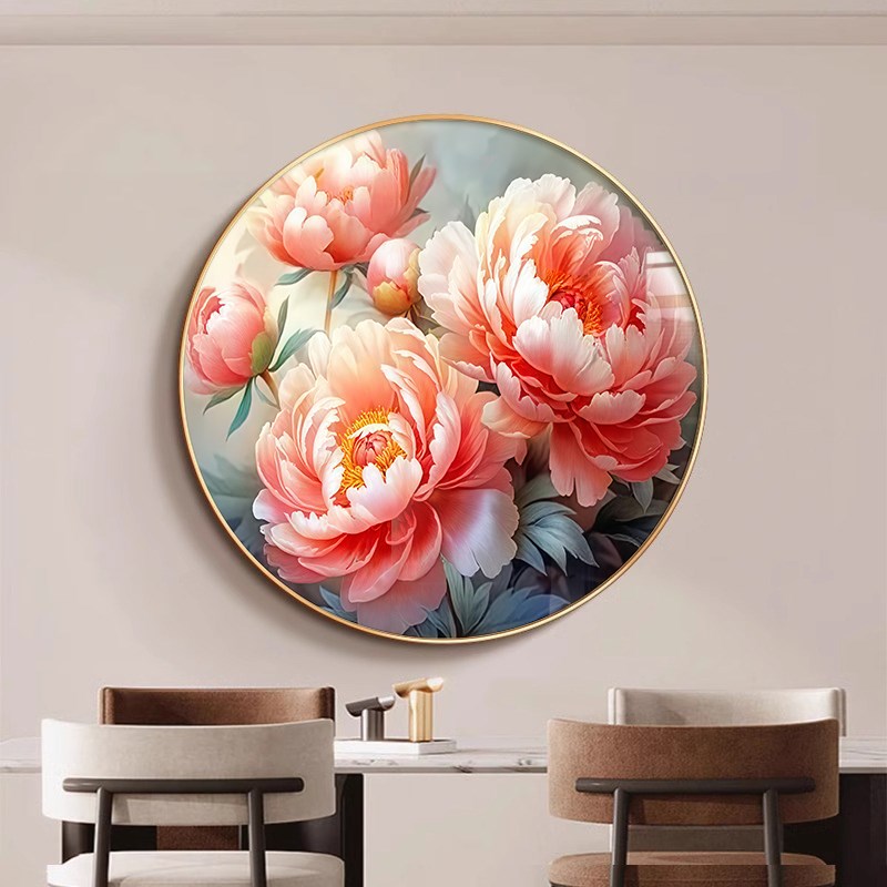 花开富贵牡丹花入户n玄关正对门装饰画圆形轻奢高级感中式挂画走图片