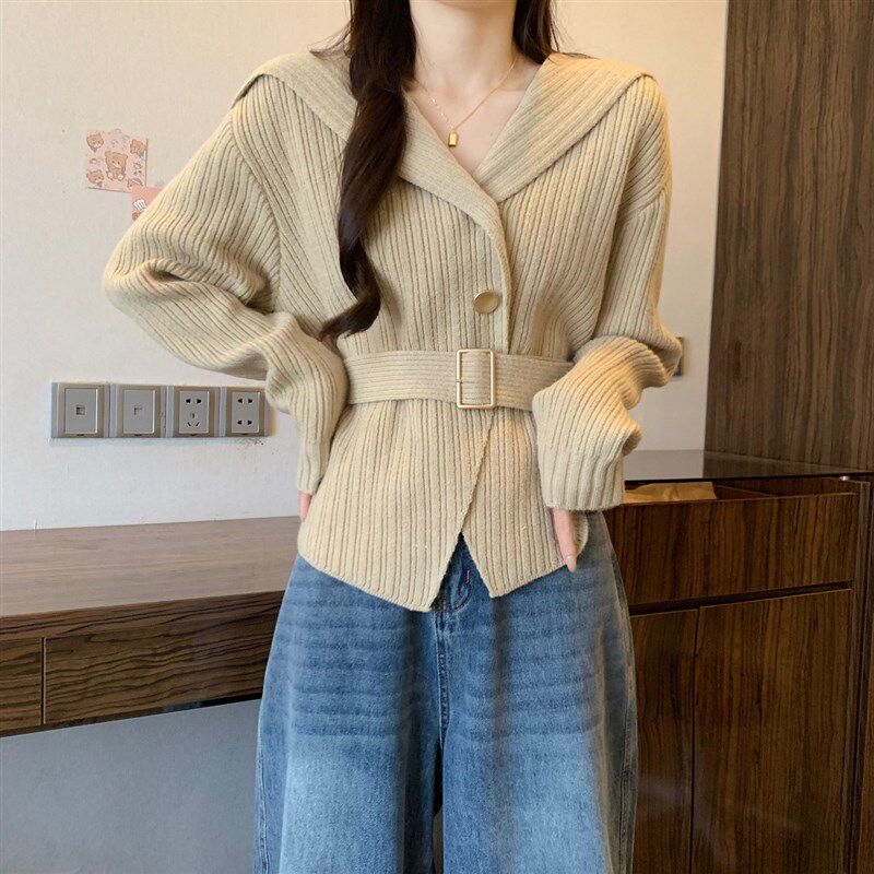 新品大码女秋冬海军领针织开衫毛A衣外套胖mm不规则收腰短款小个