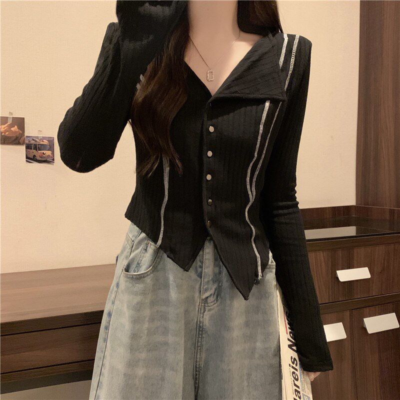 新品欧货不规则正l肩长袖T恤女秋冬大码胖mm显瘦独特别致小衫短款